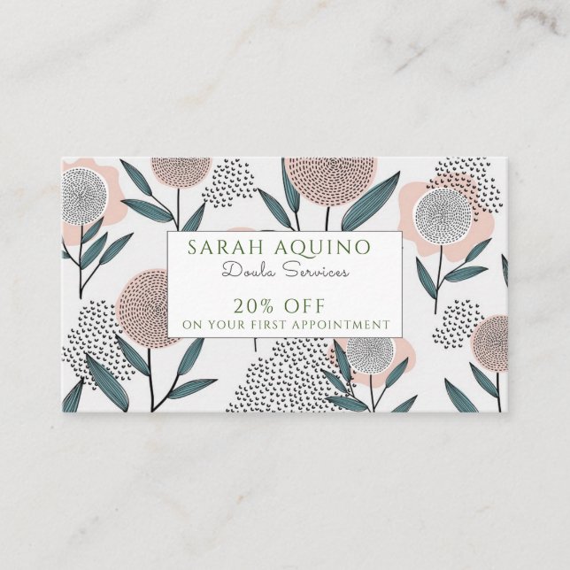 Hand Drawn Doula Dusty Peach Coral Floral Discount Card (Front)