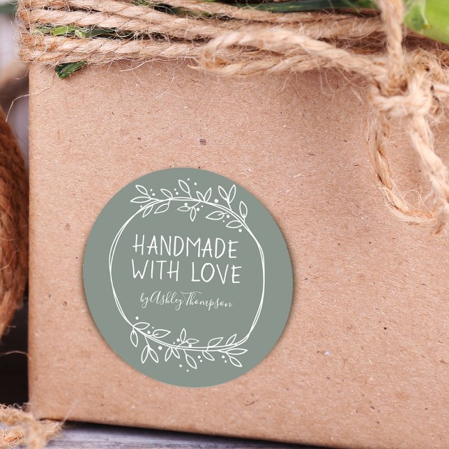 Hand Drawn Dusty Green Handmade With Love Classic Round Sticker (Creator Uploaded)