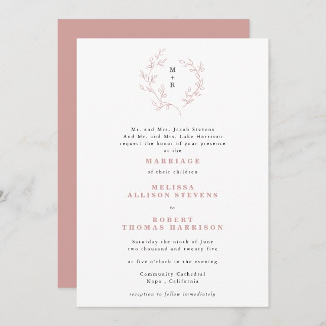 Hand Drawn Dusty Rose Sketch Wreath Formal Wedding Invitation (Front/Back)