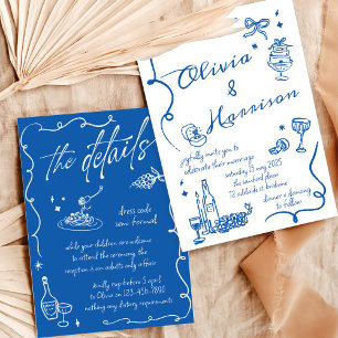 Hand Drawn Elegant Retro Blue Wedding Invitation