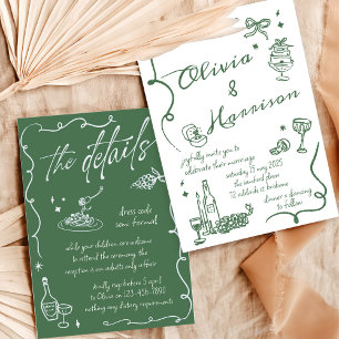 Hand Drawn Elegant Retro Green Wedding Invitation