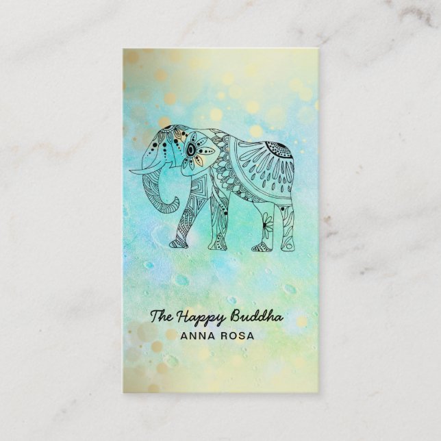 *~* Hand Drawn Elephant Gold Glitter Buddha Business Card (Front)
