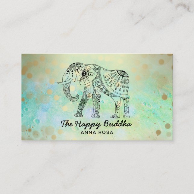 *~* Hand Drawn - Elephant Gold Pattern Buddha Business Card (Front)