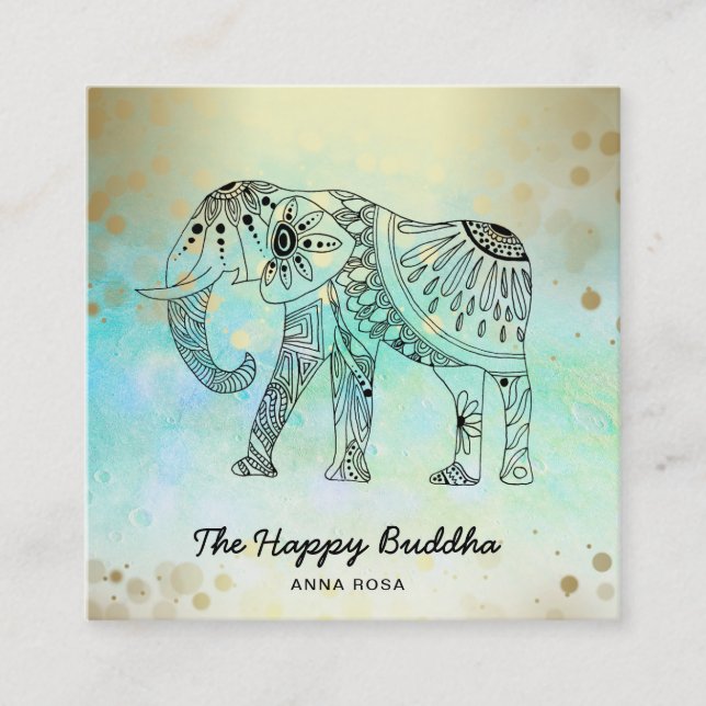 ** Hand Drawn Elephant Pattern Buddha Gold Square Business Card (Front)