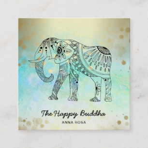 *~* Hand Drawn Elephant Pattern Buddha Gold Square Business Card