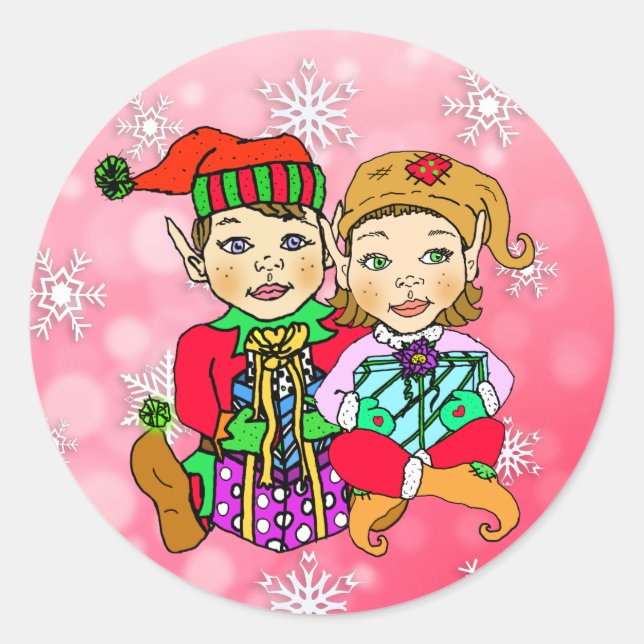 Hand drawn Elf girl and boy holding Gifts Classic Round Sticker (Front)