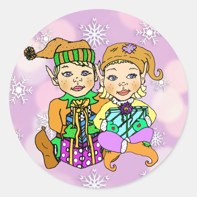 Hand drawn Elf girl and boy holding Gifts Classic Round Sticker (Front)
