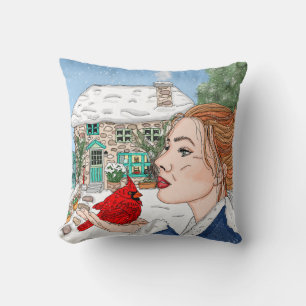 Hand Drawn English Cottage and Cardinal Cushion