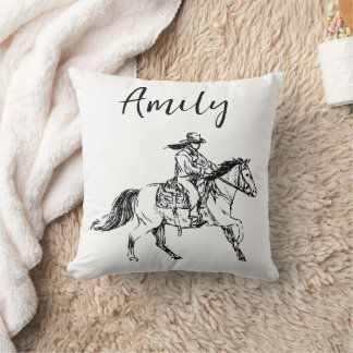Hand-Drawn Equestrian Art Pillow with Custom Name