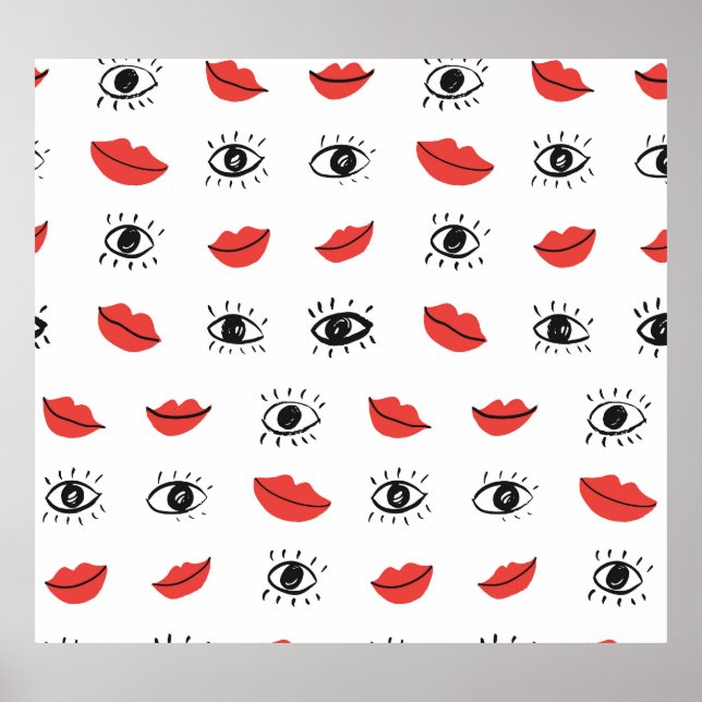 Hand drawn eyes, lips, trendy pattern. poster (Front)