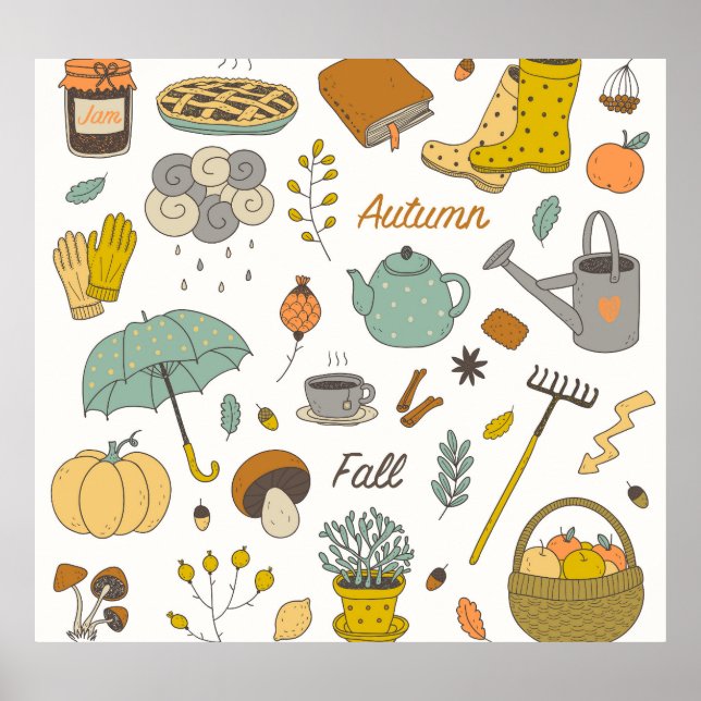 Hand Drawn Fall: Colourful Vintage Set Poster (Front)