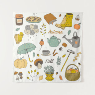 Hand Drawn Fall: Colourful Vintage Set Tapestry