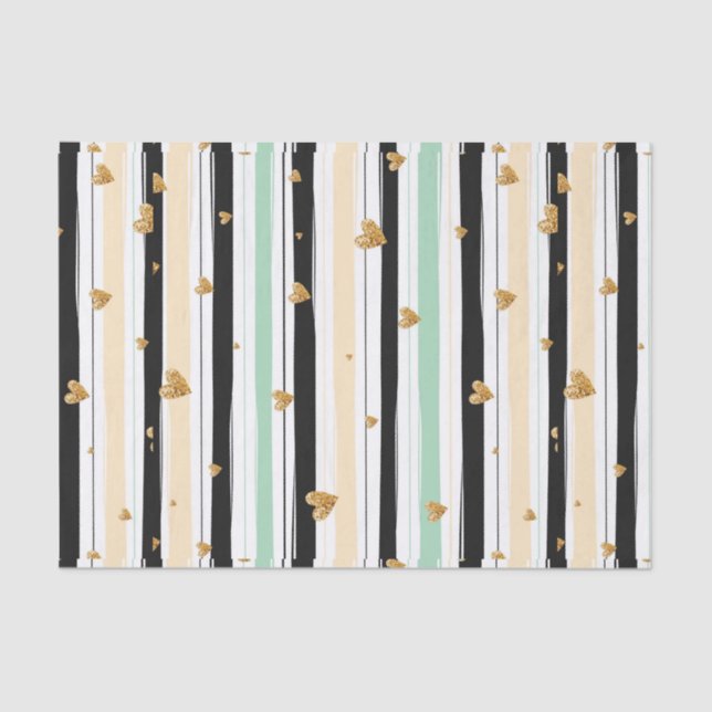 Hand drawn Faux Gold Hearts & Stripes Pattern Tissue Paper (Front)