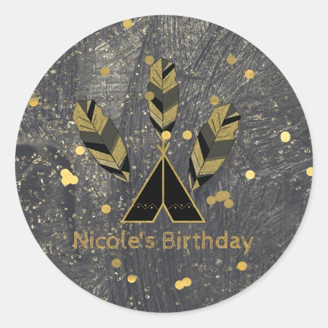 Hand Drawn Feather & Tepee Gold Black Boho Glam Classic Round Sticker (Front)
