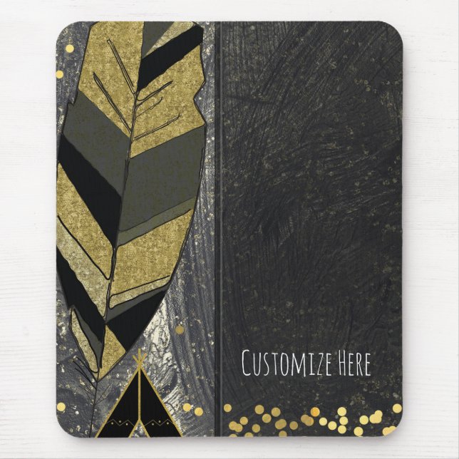Hand Drawn Feather & Tepee Gold Black Boho Glam Mouse Pad (Front)