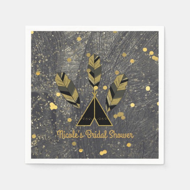 Hand Drawn Feather & Tepee Gold Black Boho Glam Napkin (Front)