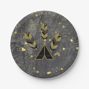 Hand Drawn Feather & Tepee Gold Black Boho Glam Paper Plate