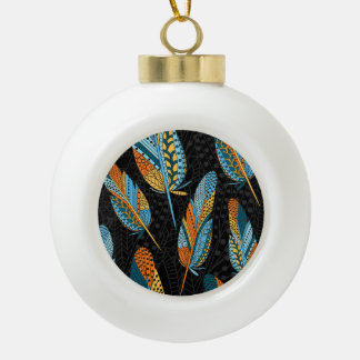 Hand-drawn feathers: colourful background. ceramic ball christmas ornament