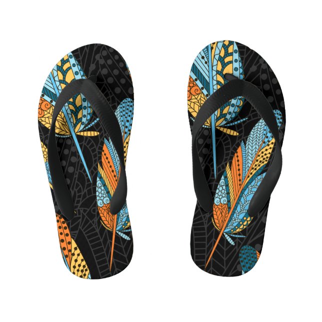 Hand-drawn feathers: colourful background. kid's jandals (Footbed)