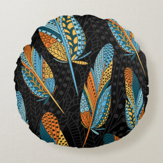 Hand-drawn feathers: colourful background. round cushion