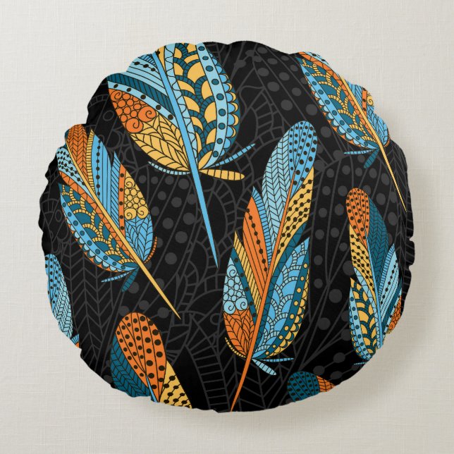 Hand-drawn feathers: colourful background. round cushion (Front)