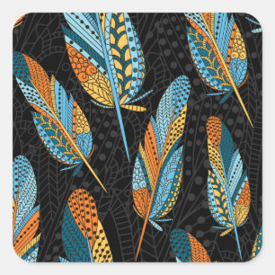 Hand-drawn feathers: colourful background. square sticker
