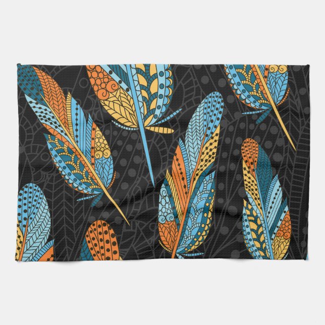 Hand-drawn feathers: colourful background. tea towel (Horizontal)