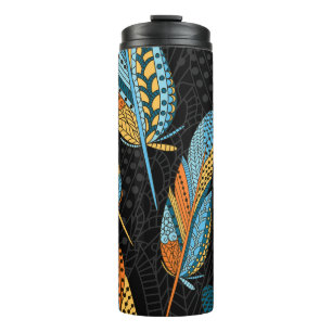Hand-drawn feathers: colourful background. thermal tumbler