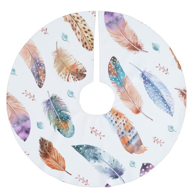 Hand Drawn Feathers: White Background Pattern Brushed Polyester Tree Skirt (Front)
