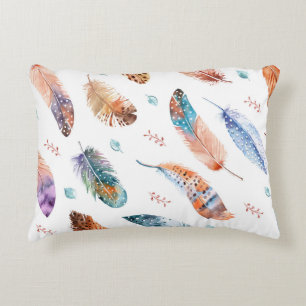 Hand Drawn Feathers: White Background Pattern Decorative Cushion