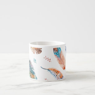 Hand Drawn Feathers: White Background Pattern Espresso Cup