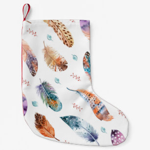 Hand Drawn Feathers: White Background Pattern Small Christmas Stocking