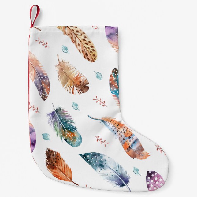 Hand Drawn Feathers: White Background Pattern Small Christmas Stocking (Front)