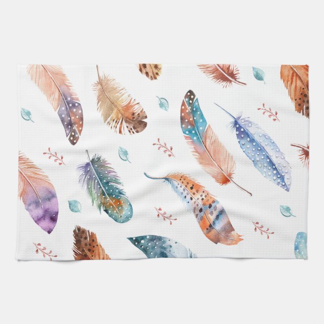 Hand Drawn Feathers: White Background Pattern Tea Towel (Horizontal)