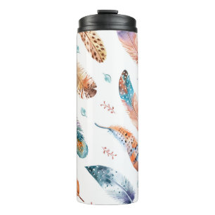 Hand Drawn Feathers: White Background Pattern Thermal Tumbler