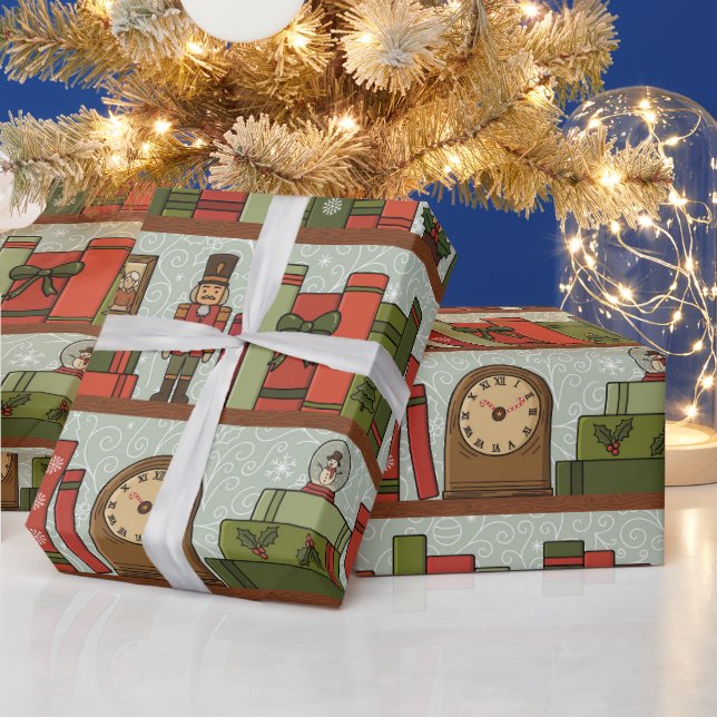 Hand Drawn Festive Bookshelf  Wrapping Paper Roll (Holidays)