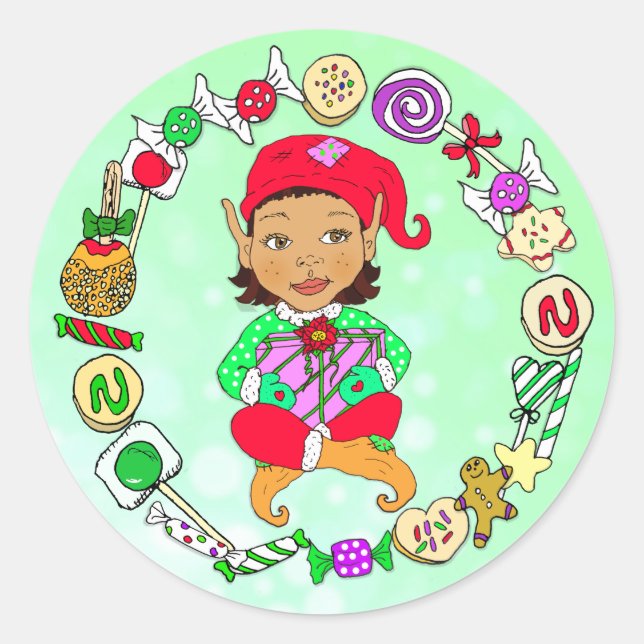 Hand drawn Festive Whimsical Christmas Elf & Candy Classic Round Sticker (Front)