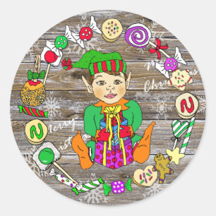 Hand drawn Festive Whimsical Christmas Elf & Candy Classic Round Sticker