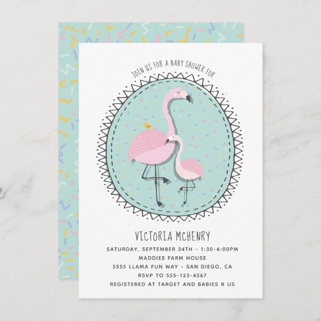Hand drawn Flamingo Baby Shower Invitation (Front/Back)