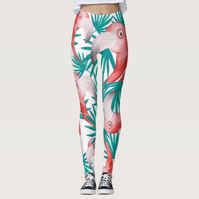 Hand-drawn flamingo: watercolor seamless pattern. leggings (Front)