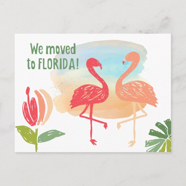 Hand Drawn Flamingos We Moved to Florida Announcement Postcard (Front)