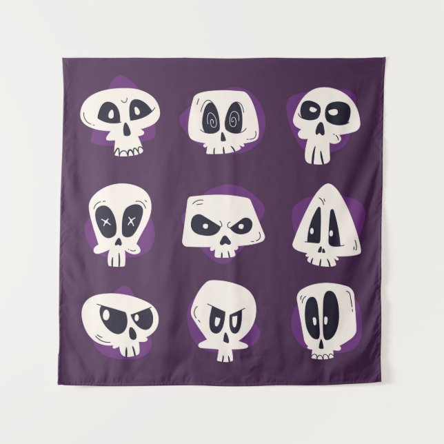 Hand drawn flat dia de muertos skulls collection s tapestry (Front)