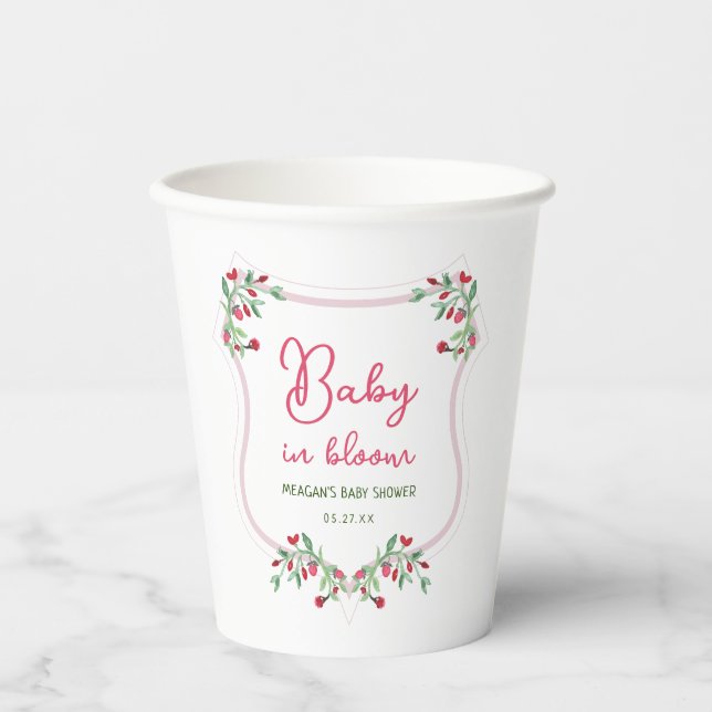 Hand Drawn Floral Baby In Bloom Baby Shower Paper Cups (Front)