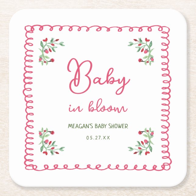 Hand Drawn Floral Baby In Bloom Baby Shower Square Paper Coaster (Front)