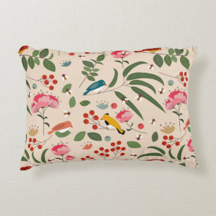 Hand Drawn Floral Birds Bees Botanical Pattern Decorative Cushion