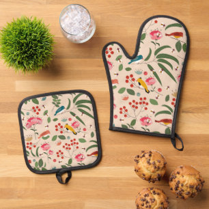 Hand Drawn Floral Birds Bees Botanical Pattern Oven Mitt & Pot Holder Set