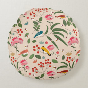 Hand Drawn Floral Birds Bees Botanical Pattern Round Cushion
