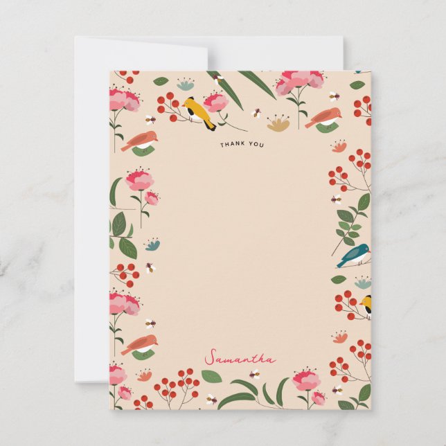 Hand Drawn Floral Birds Bees Botanical Pattern Thank You Card (Front)