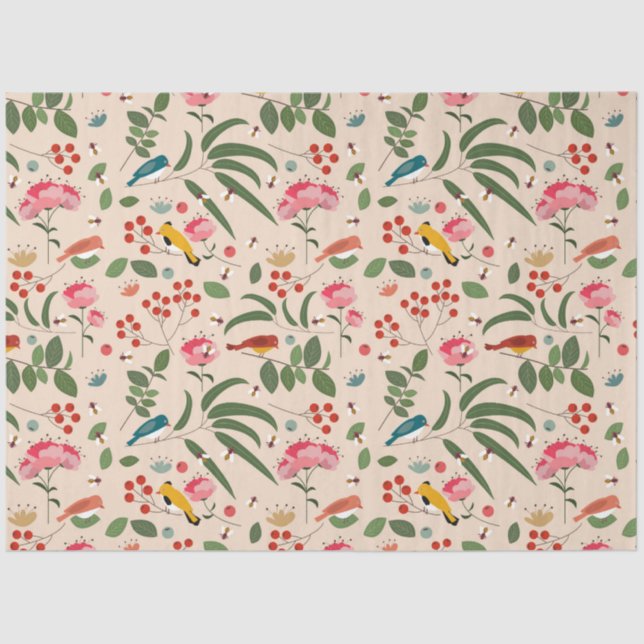 Hand Drawn Floral Birds Bees Botanical Pattern Tissue Paper (Front)