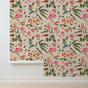 Hand Drawn Floral Birds Bees Botanical Pattern Wallpaper
